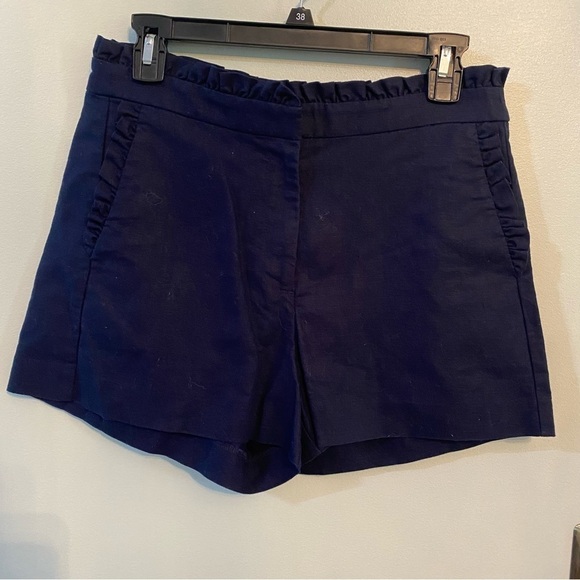 J. Crew Navy Blue Ruffle High Rise Linen Blend Shorts Size 4 - Picture 1 of 6